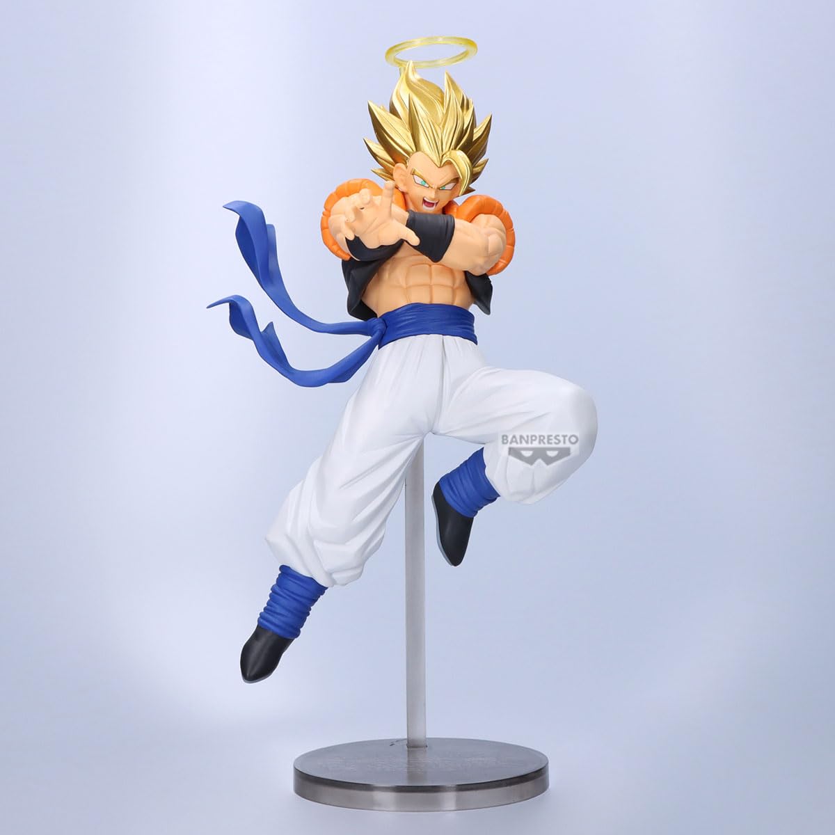 Banpresto Gogeta figure, front view highlights bold colors for vibrant shelf displays.
