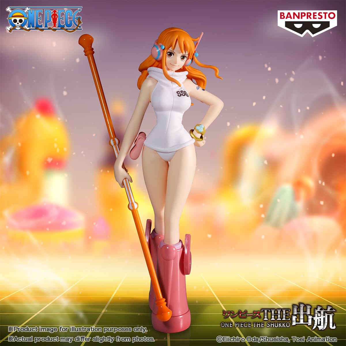 Banpresto Nami 6.3-inch tall figure fits compact display.