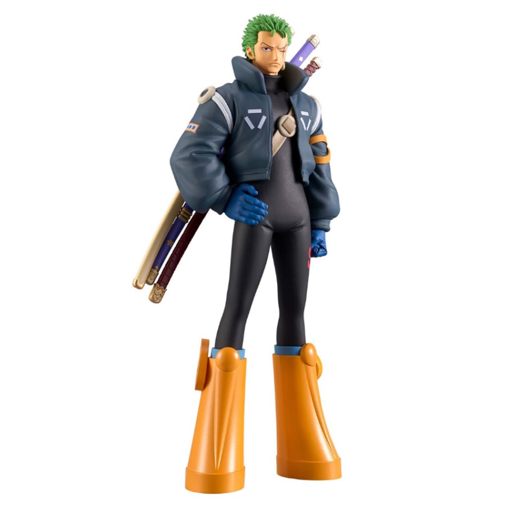 Banpresto Zoro Egghead figure in dynamic pose for an eye-catching One Piece display and ideal for shelf display.