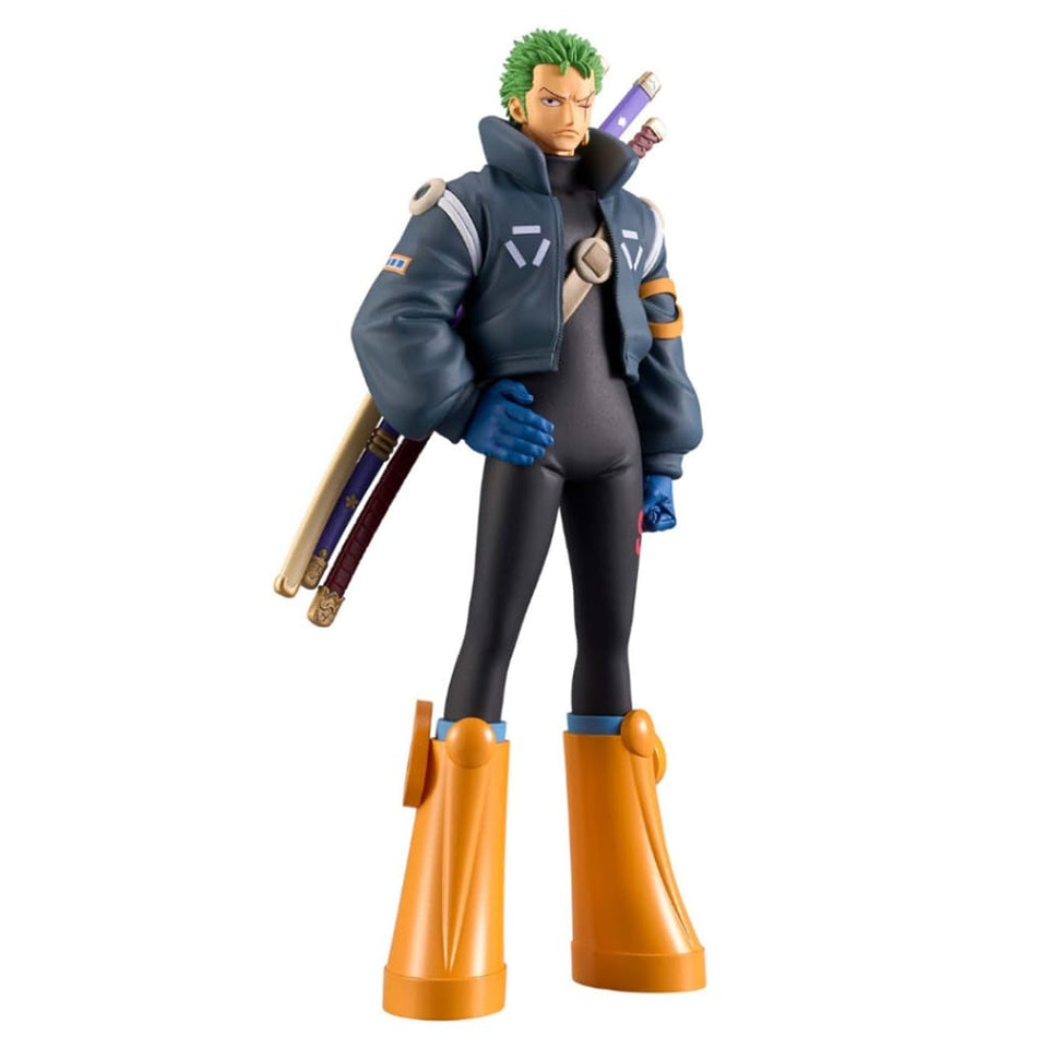 Banpresto Zoro Egghead figure in dynamic pose for an eye-catching One Piece display and ideal for shelf display.