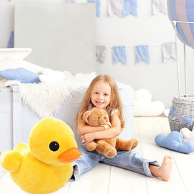Bansusu plush yellow duck soft fabric texture close-up, premium cuddle material.