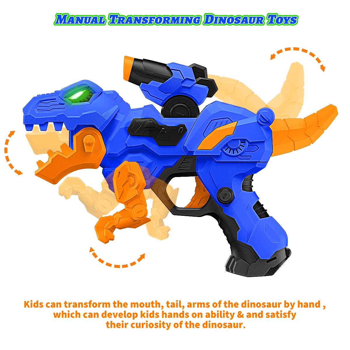 Banvih transformable dino jaws and tail promote interactive posing and fine motor play.