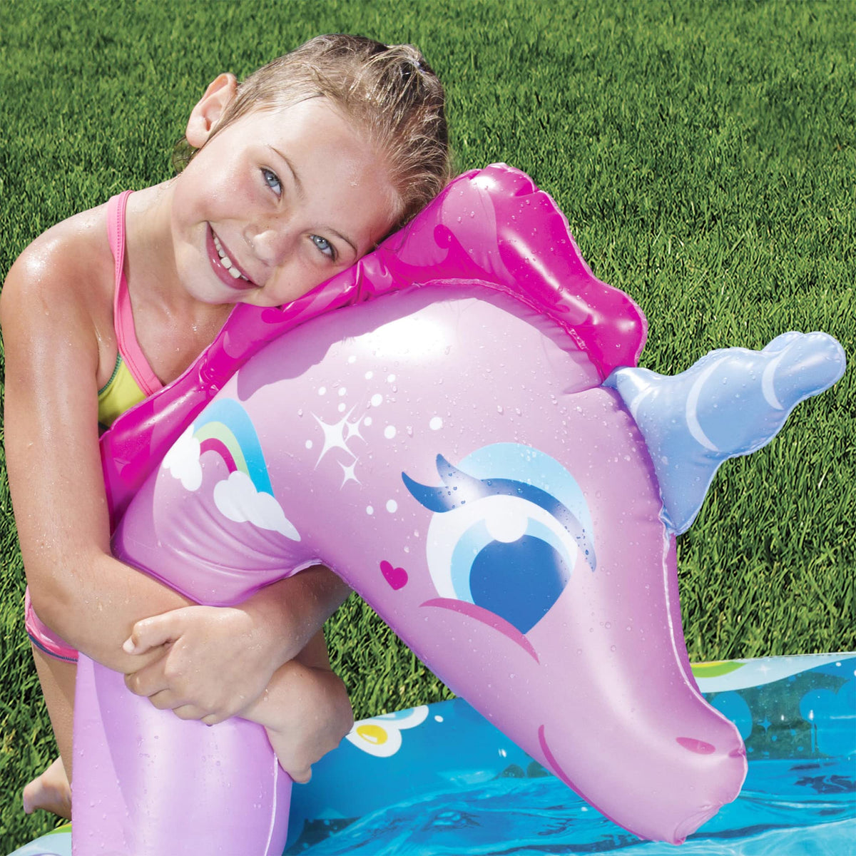 BANZAI pool inflates quickly for immediate outdoor play.