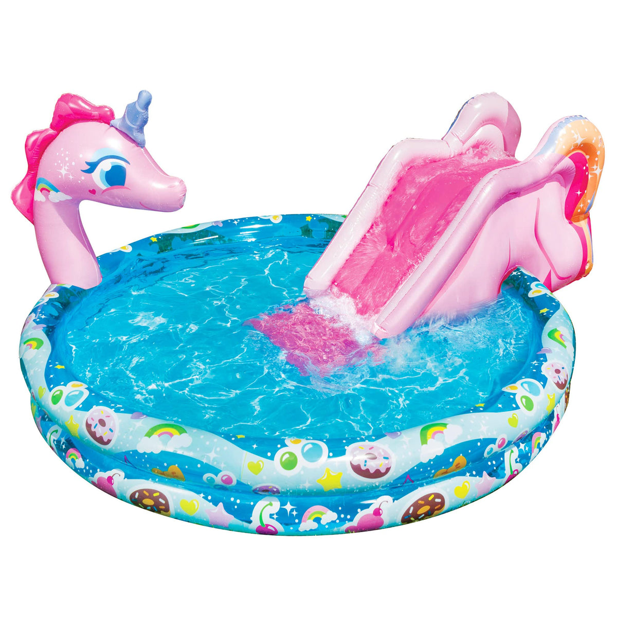 BANZAI Spray N Splash unicorn pool layout with 78 by 60 inches for backyard fun.