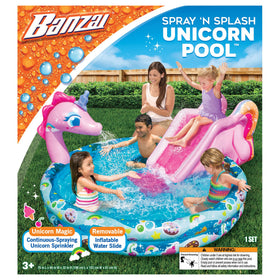 BANZAI unicorn slide adds thrilling splash-and-slide play for kids.