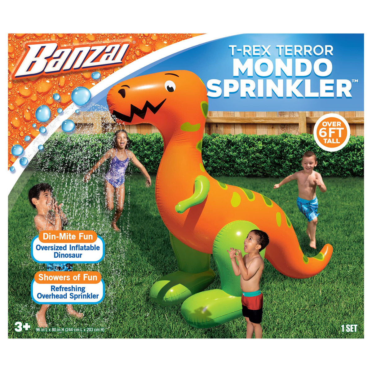 BANZAI T-Rex Terror Mondo Sprinkler shows hose attachment for quick setup