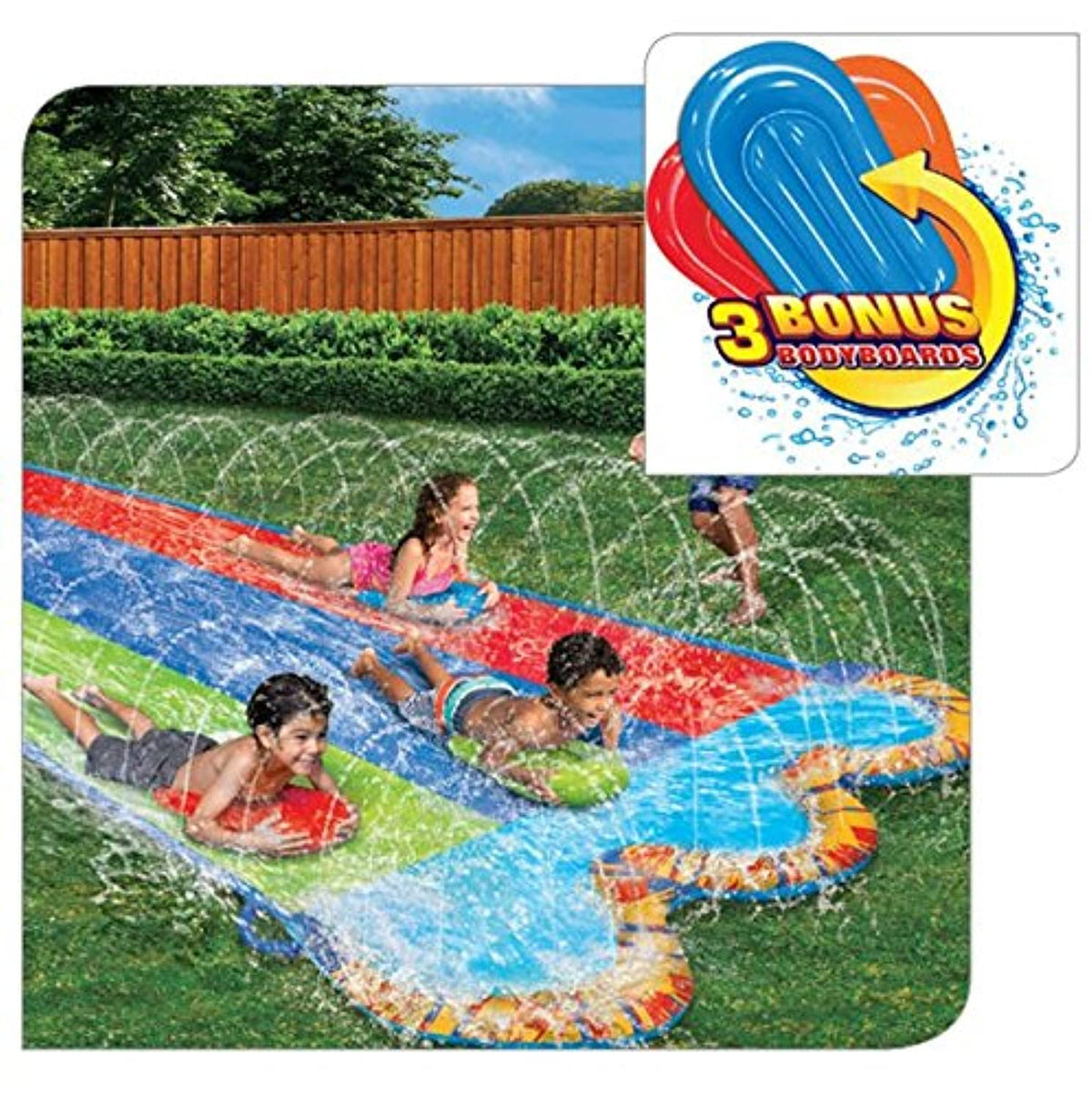 BANZAI Triple Racer 16ft water slide with racing lanes for backyard fun