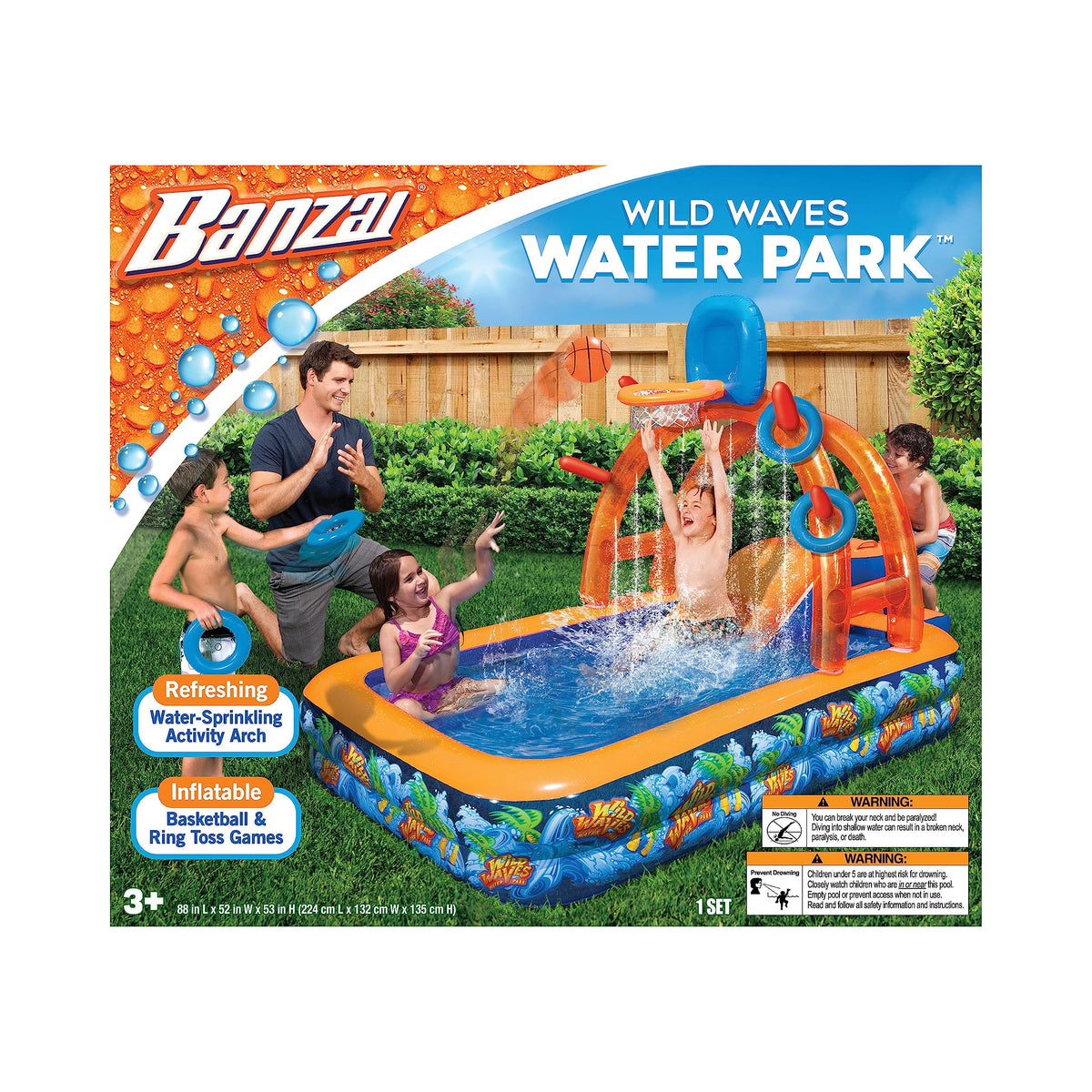 BANZAI Wild Waves Water Park arch with basketball hoop and ring toss for backyard aqua fun