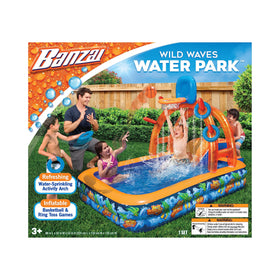 BANZAI Wild Waves Water Park arch with basketball hoop and ring toss for backyard aqua fun