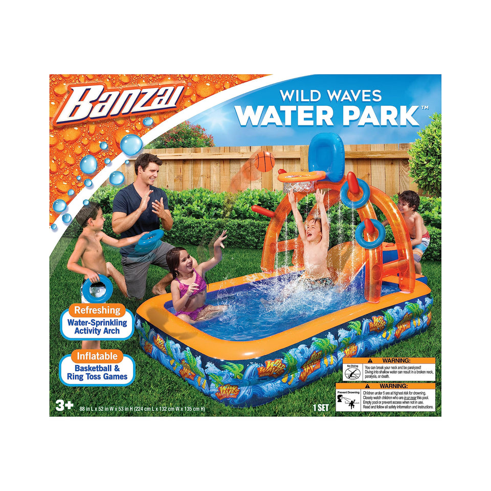 BANZAI Wild Waves Water Park arch with basketball hoop and ring toss for backyard aqua fun