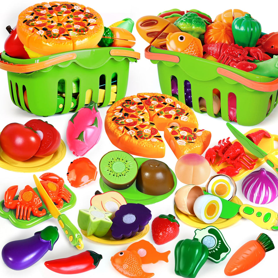 BAODLON 100-piece cutting play food with two baskets for organized pretend kitchen fun