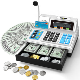 BAODLON Calculator Cash Register front view in silver for imaginative shopping play
