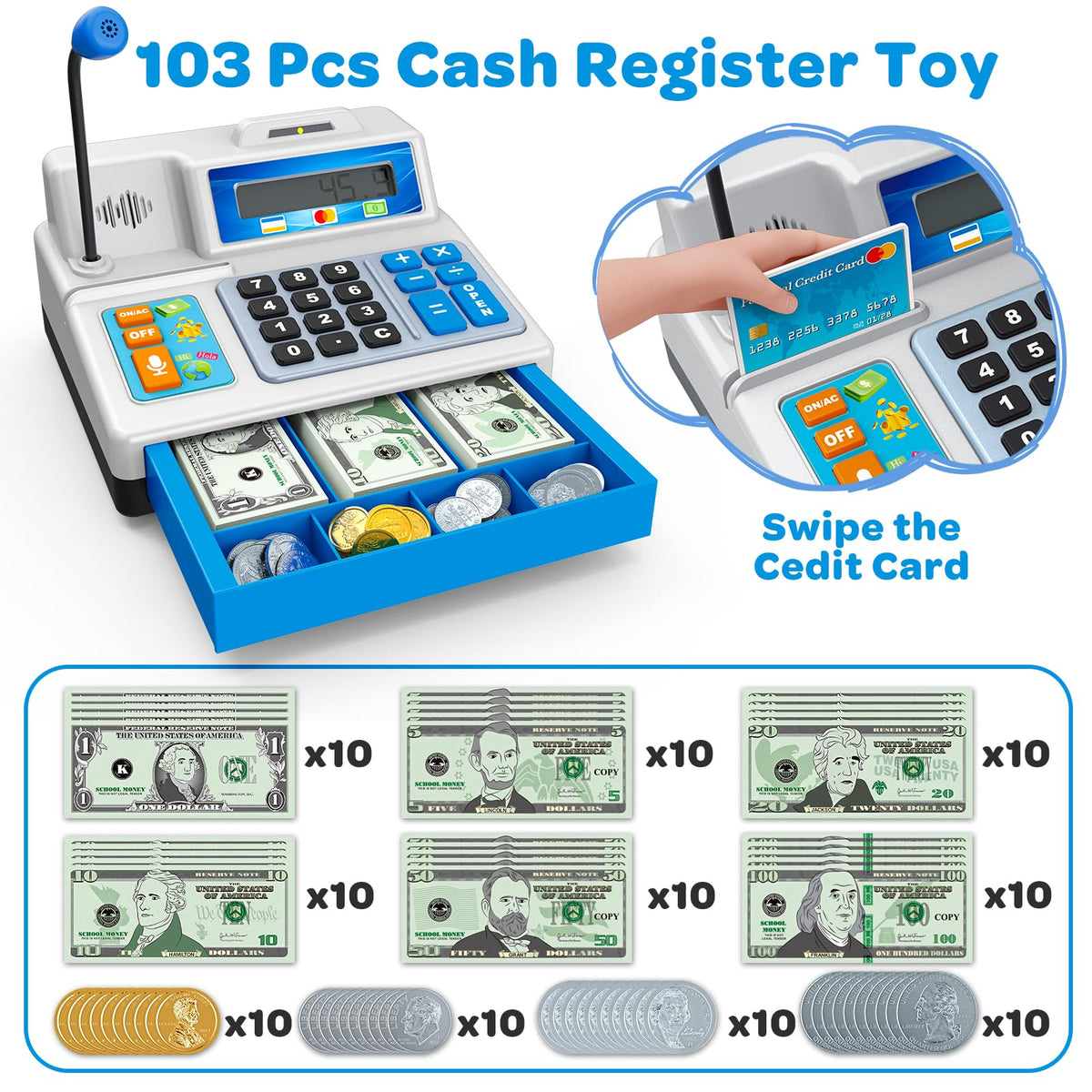 BAODLON cash register card swipe demonstrates early math through pretend purchases.