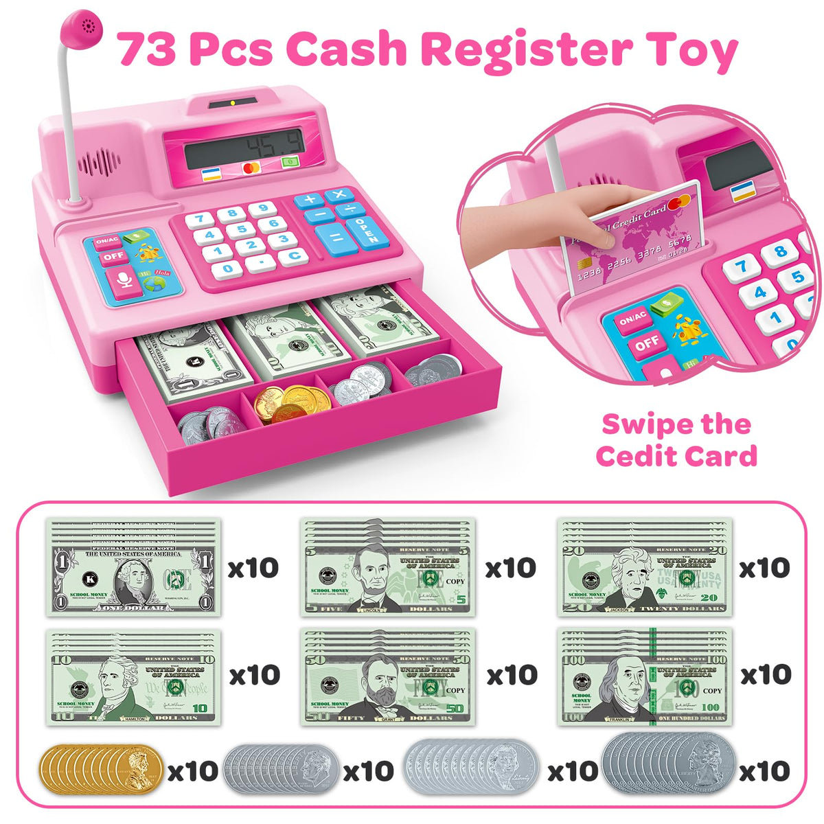 BAODLON cash register with microphone and sounds for interactive pretend play