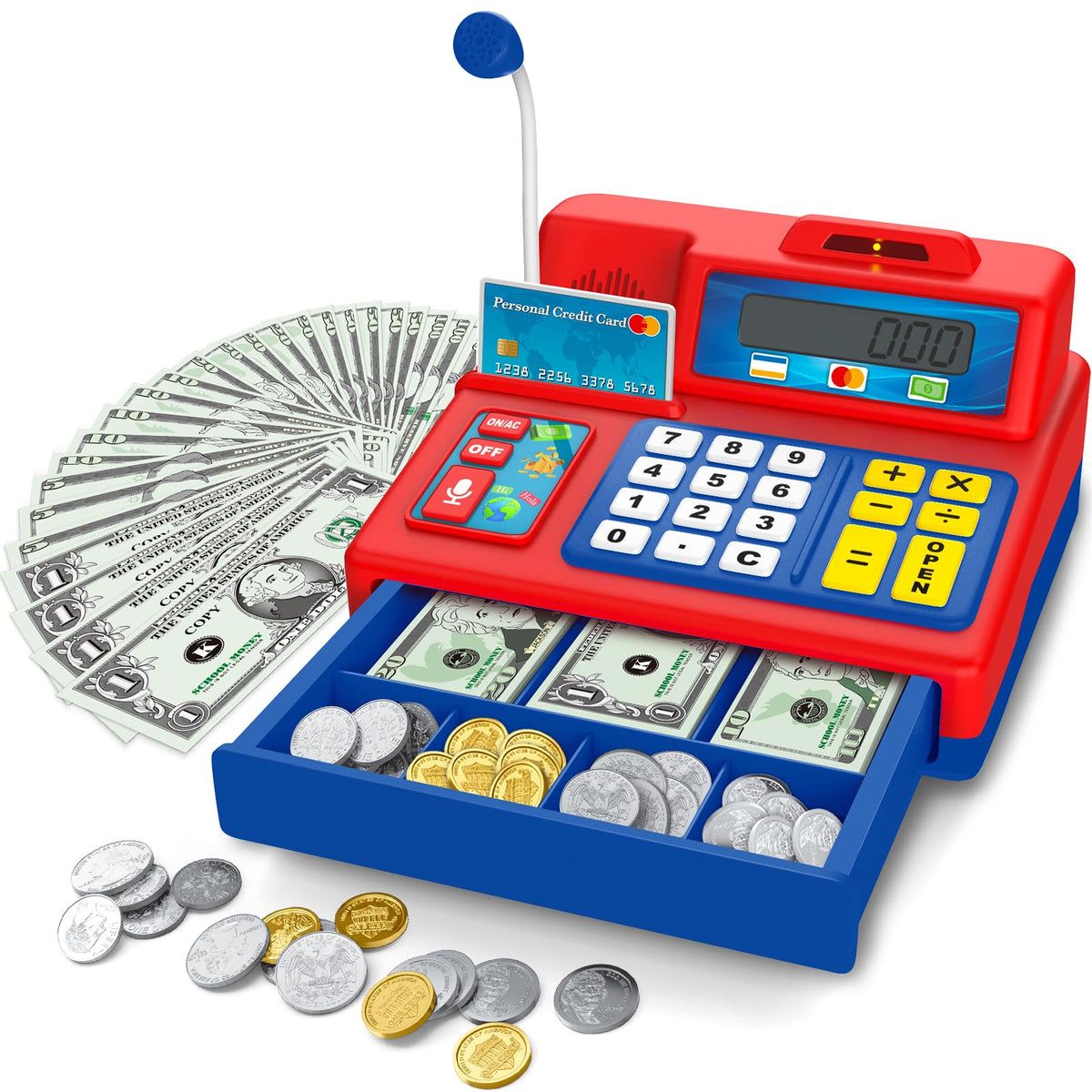 BAODLON Calculator Cash Register with microphone for interactive pretend play and early math practice.