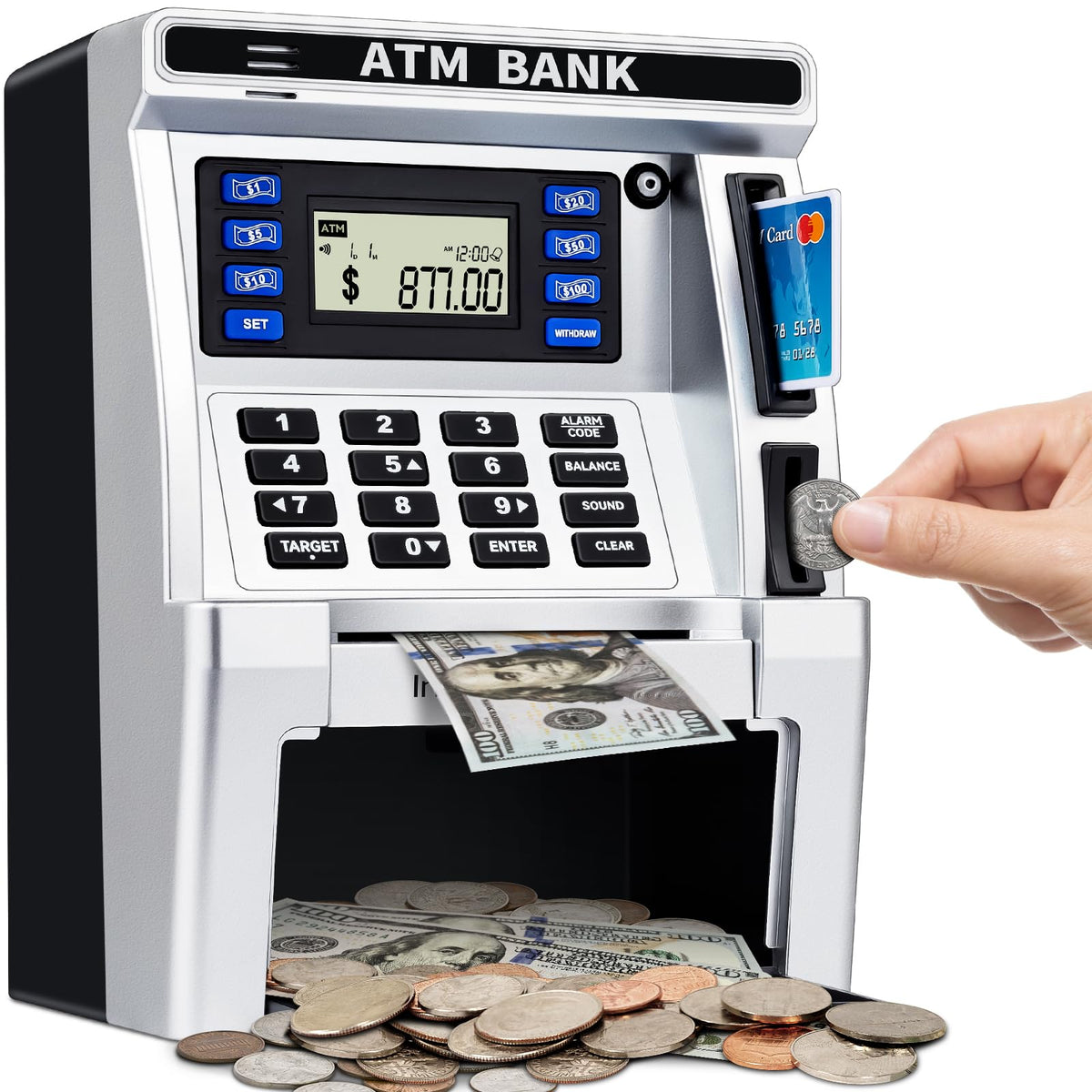 Baodlon piggy bank with real money ATM displaying a child's balance