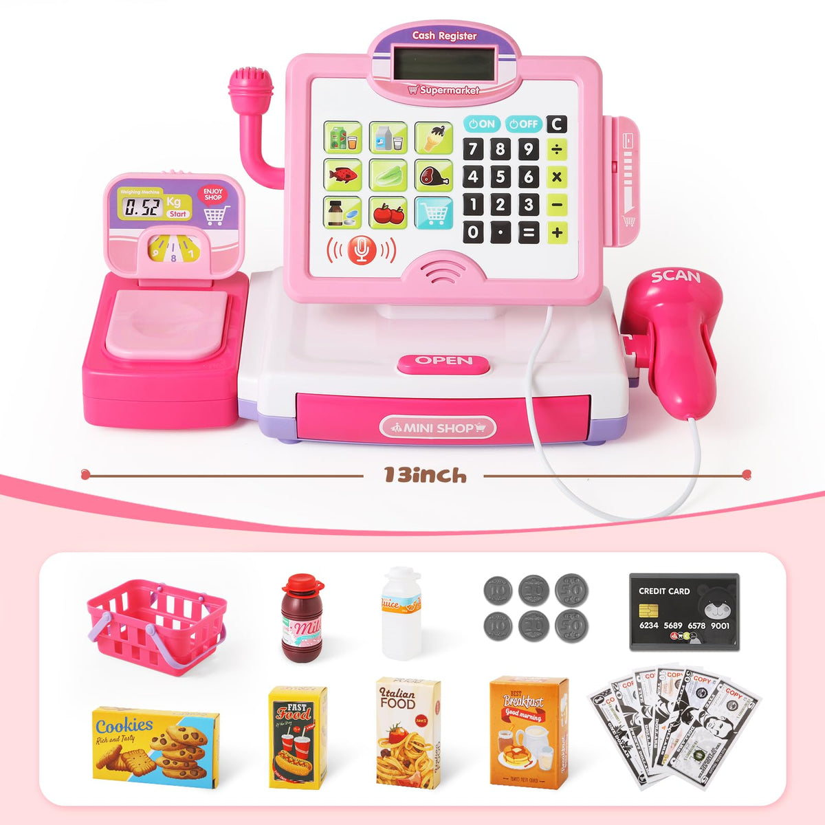 Baodlon pink cash register microphone adds fun store speech during play.