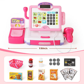 Baodlon pink cash register microphone adds fun store speech during play.