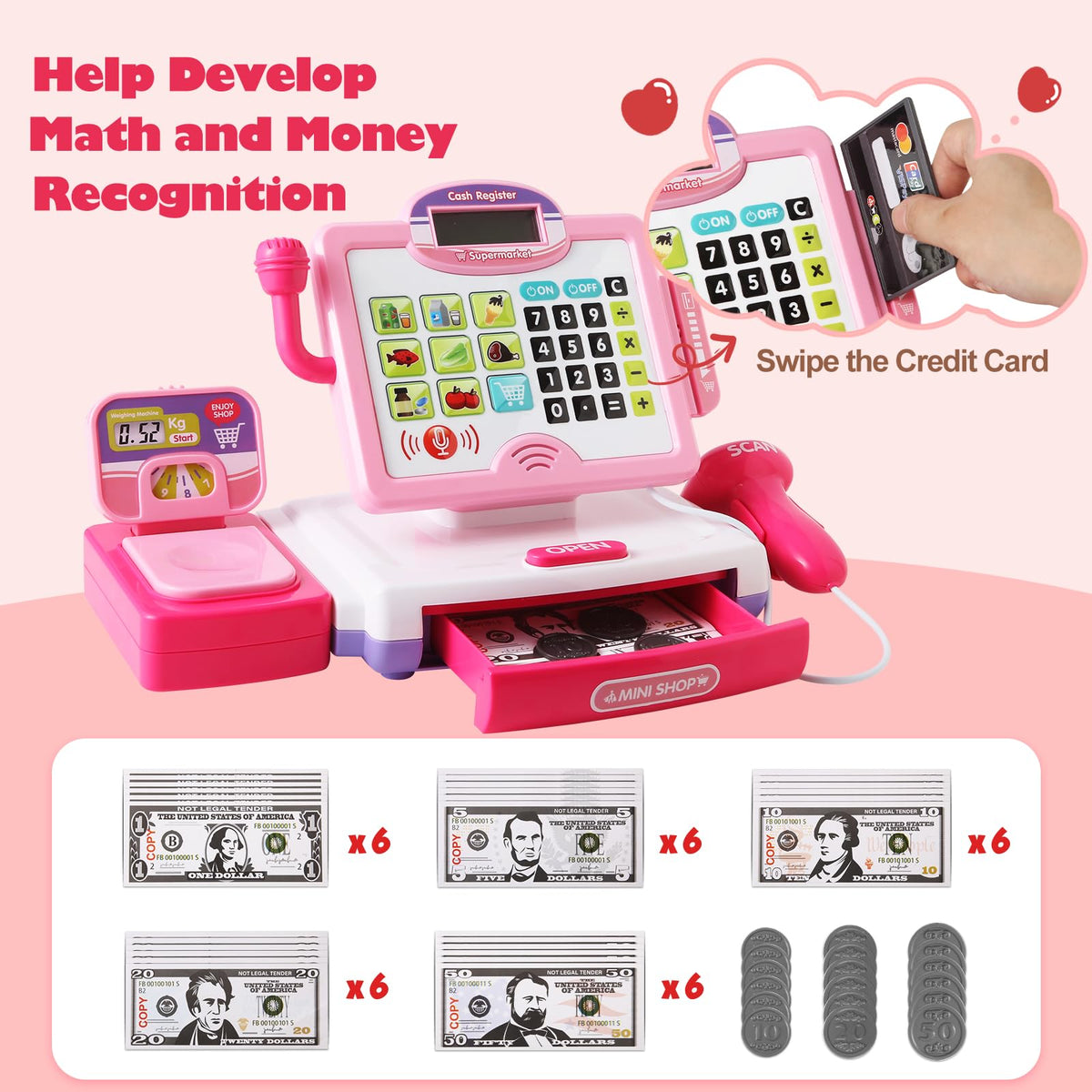 Baodlon pink electronic scale supports pretend pricing and weight checks.