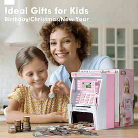 BAODLON pink piggy bank battery compartment powers interactive learning.