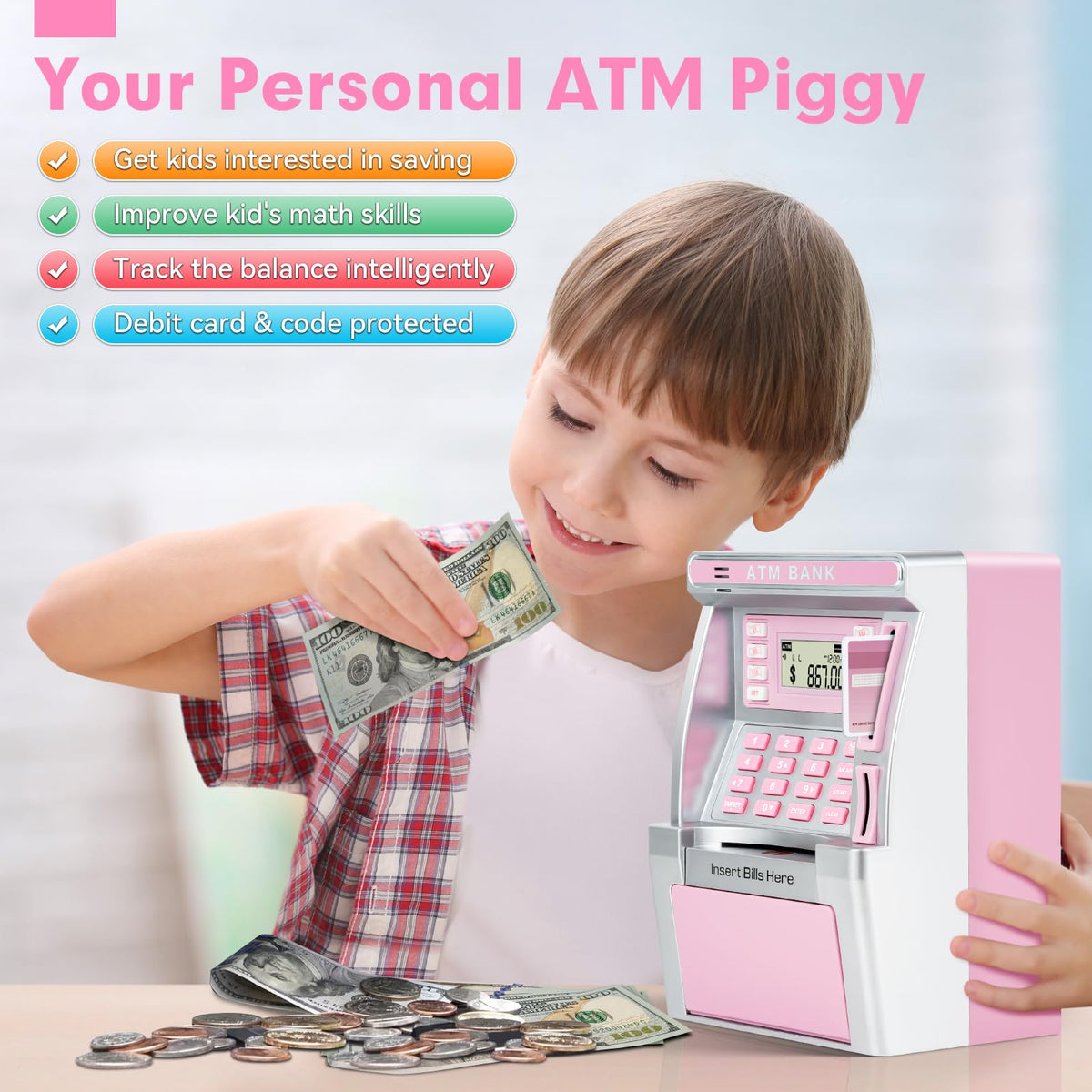 BAODLON pink piggy bank savings target feature motivates goal-driven saving.