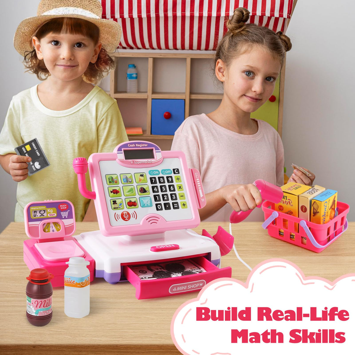 Baodlon pretend food set creates realistic shopping scenarios.