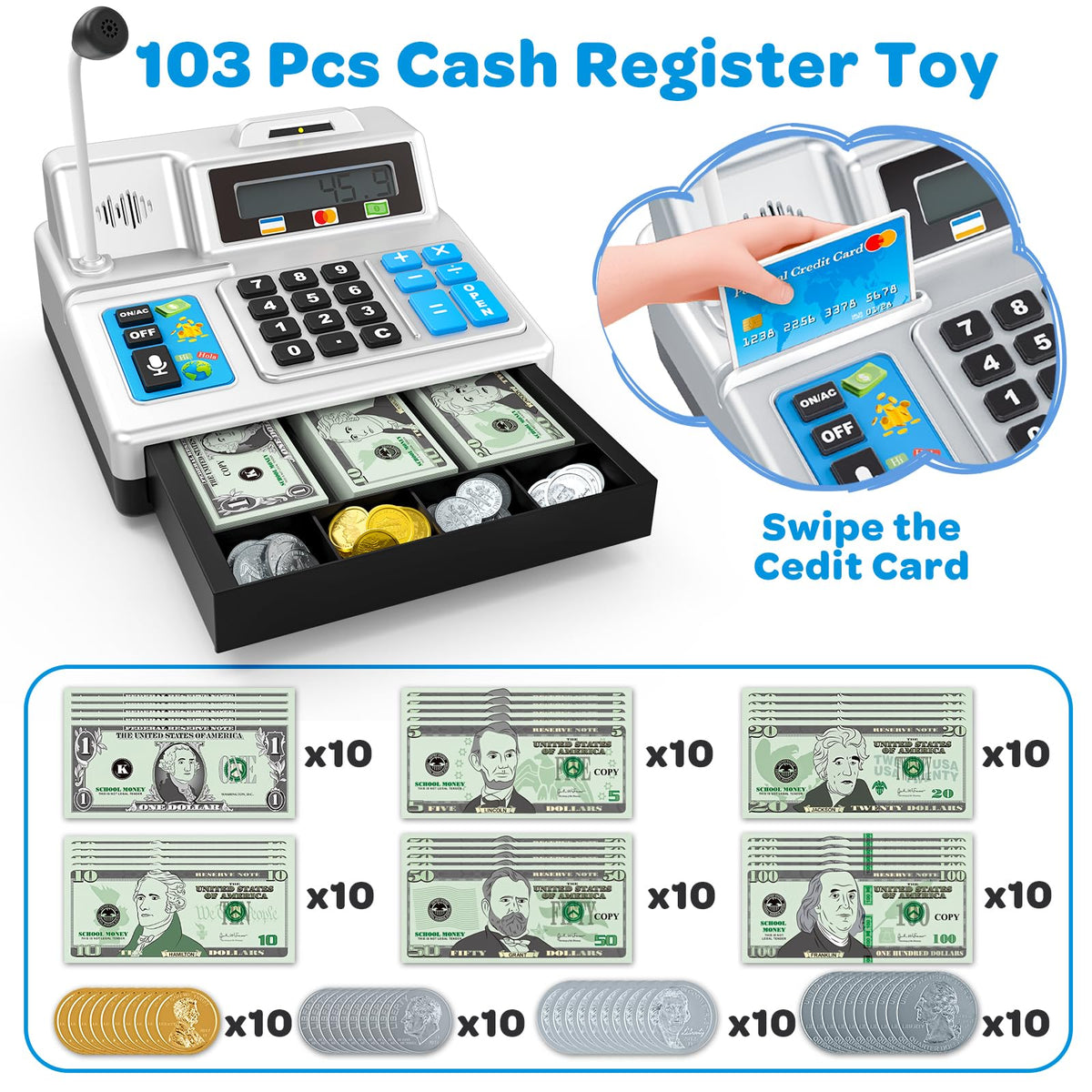 BAODLON toy cash register with credit card swipe enhances early math pretend commerce