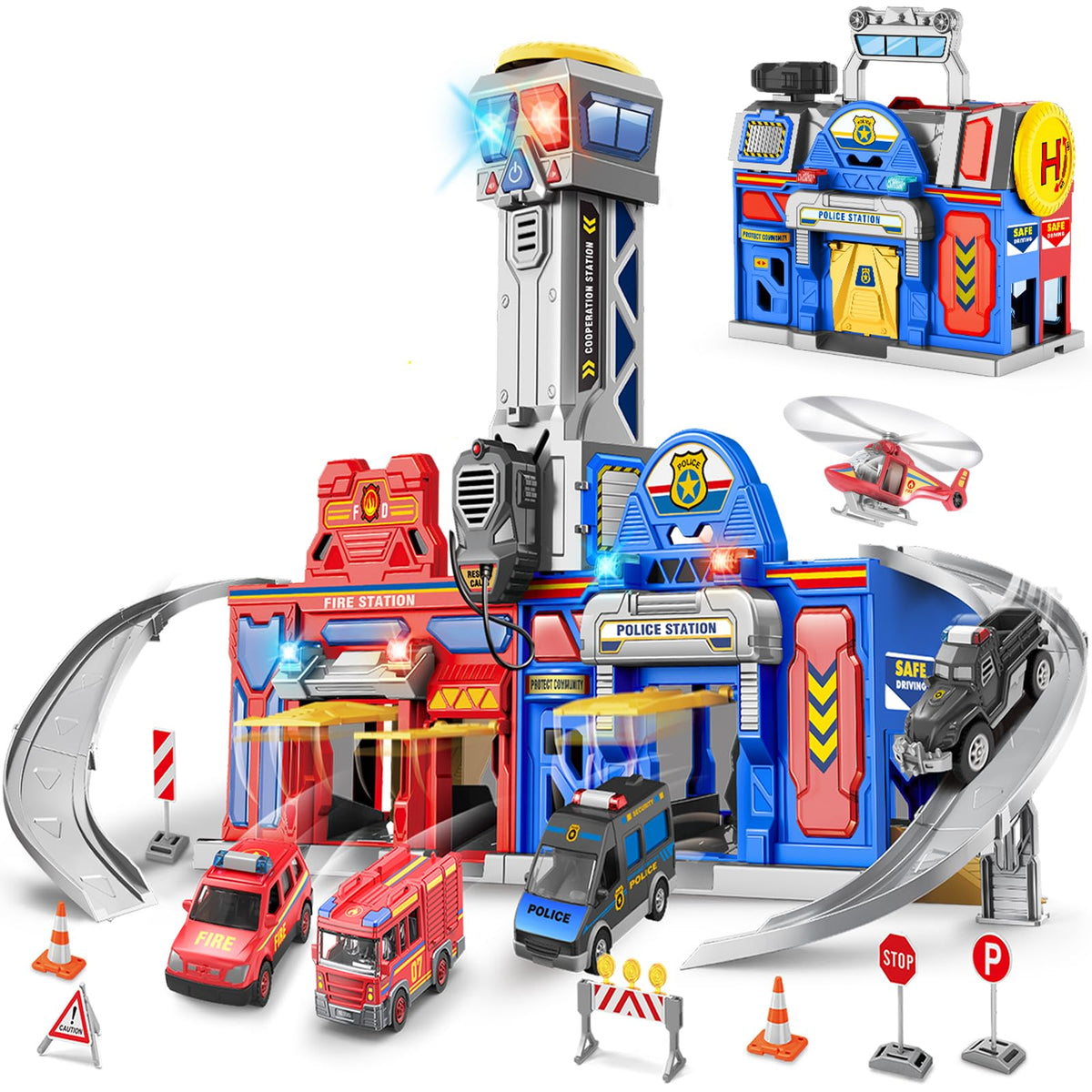 BAODLON Transform Track Police Fire Station 29.5in for expansive pretend play.