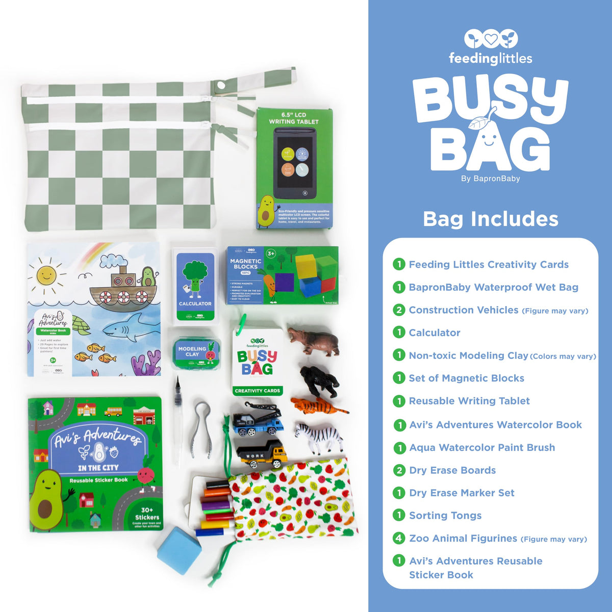 BapronBaby Busy Bag contents with magnetic blocks for hands-on learning.