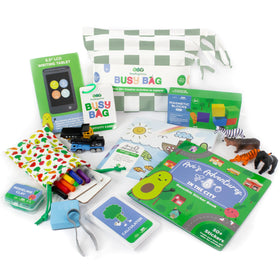 BapronBaby Feeding Littles Busy Bag in Sage Checkerboard for travel-ready play.