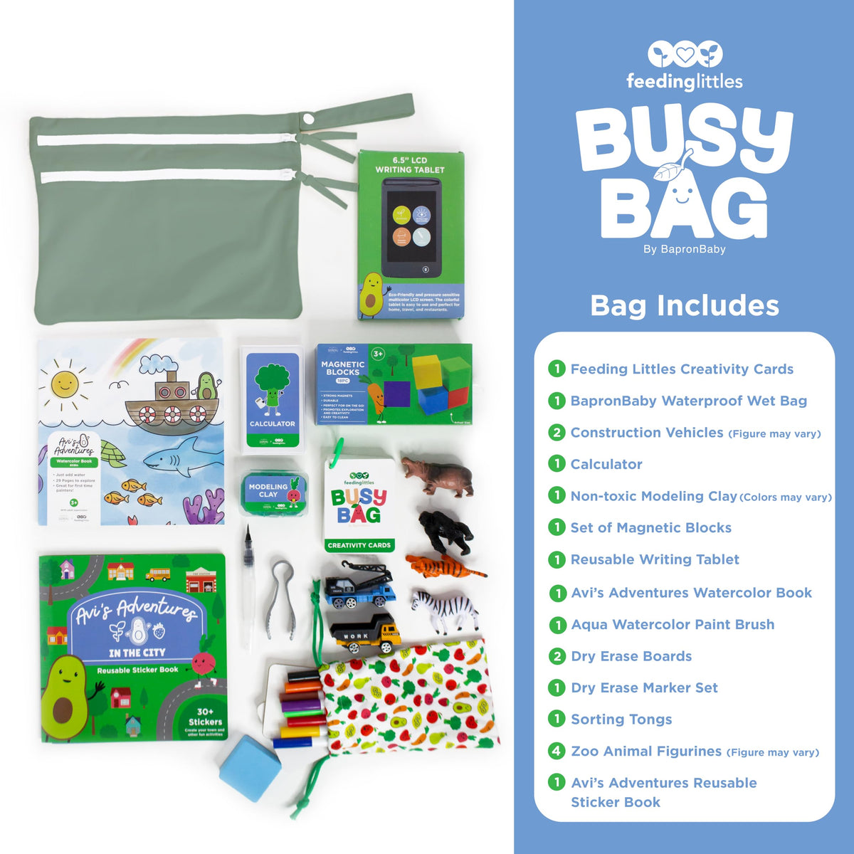 BapronBaby LCD writing tablet shown in the Busy Bag enables reusable drawing and quiet play.
