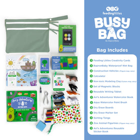 BapronBaby LCD writing tablet shown in the Busy Bag enables reusable drawing and quiet play.