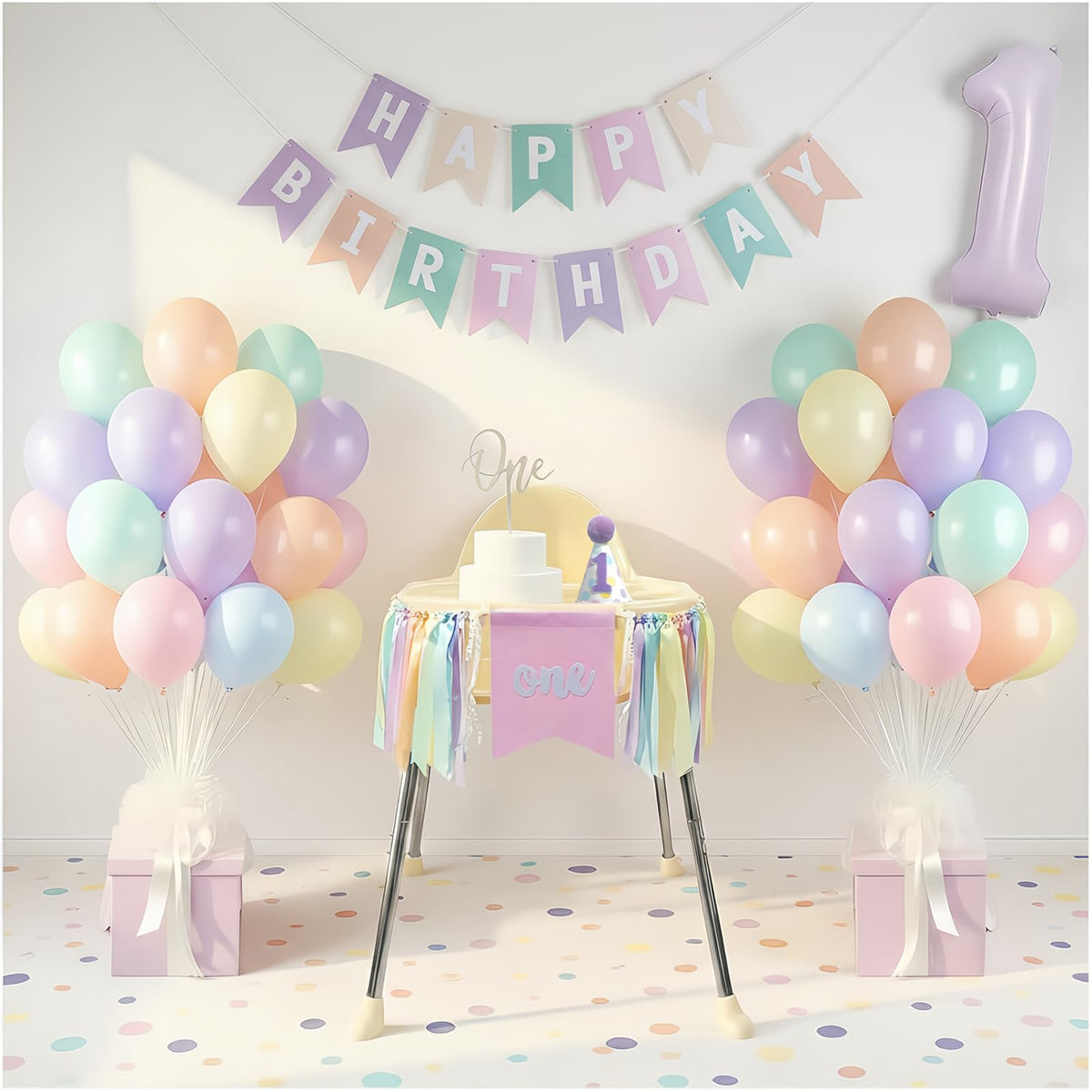 Bapukzy first birthday high chair banner adds pastel charm for adorable milestone photos