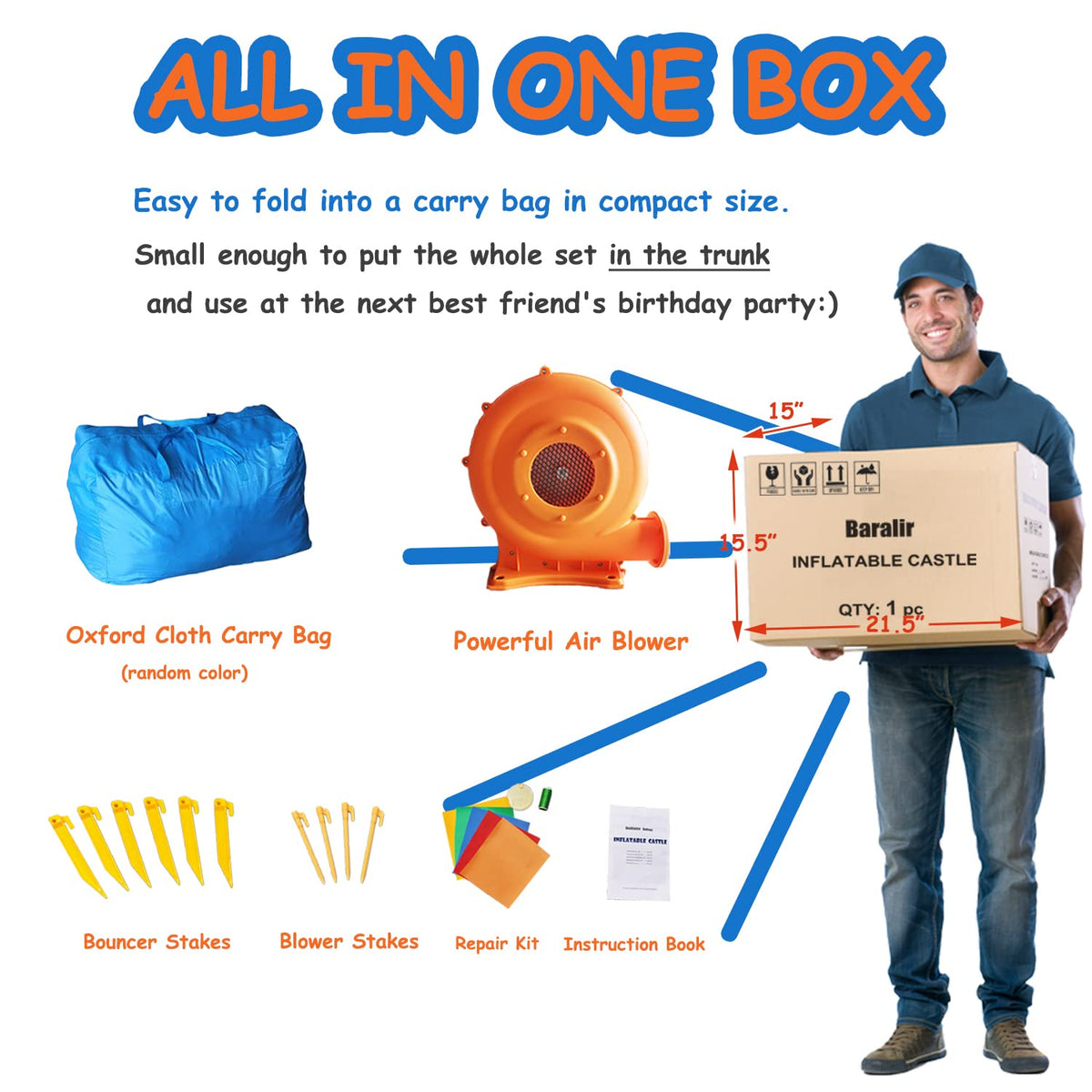 Baralir bounce house packaging demonstrates compact transport and storage
