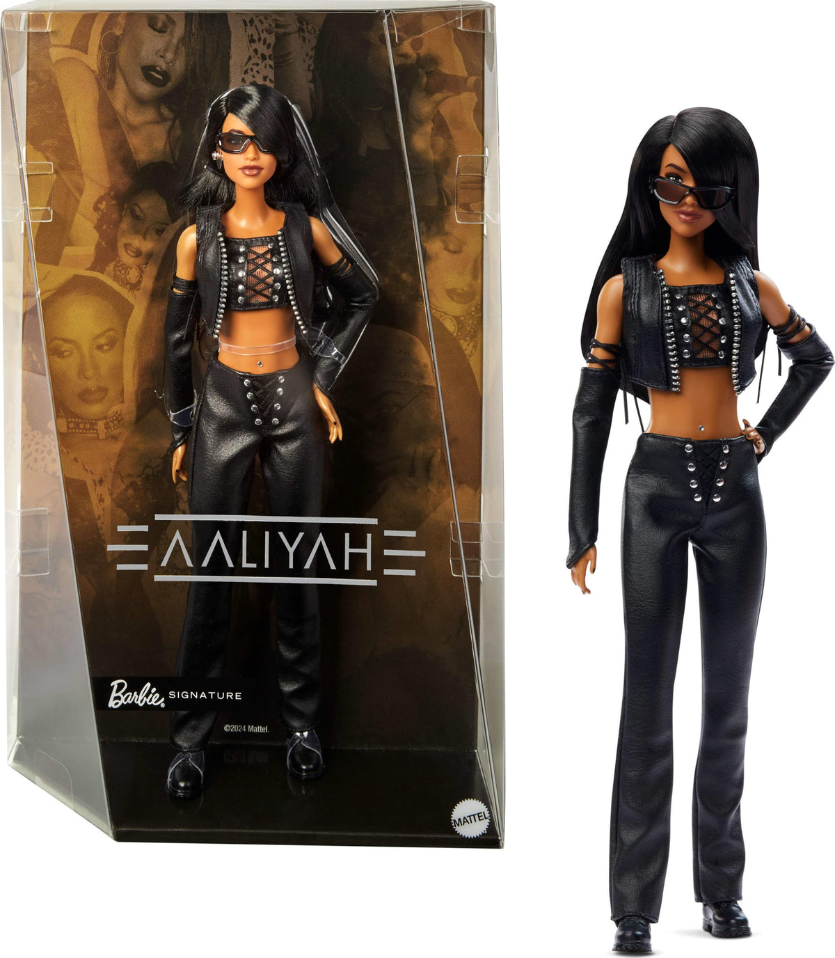Barbie Aaliyah doll in black faux leather outfit for collectible display.