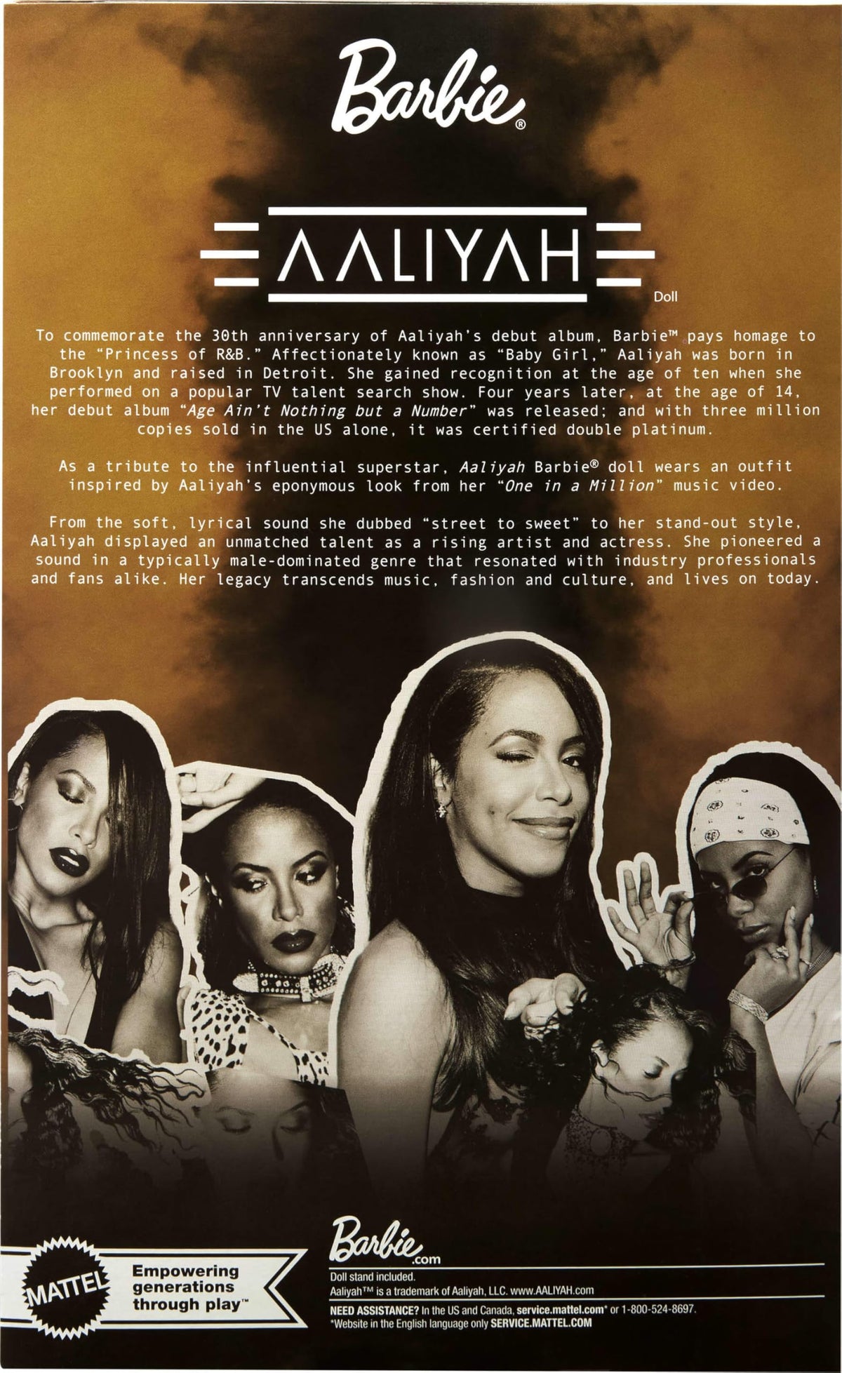 Barbie Aaliyah doll includes stand and certificate of authenticity.
