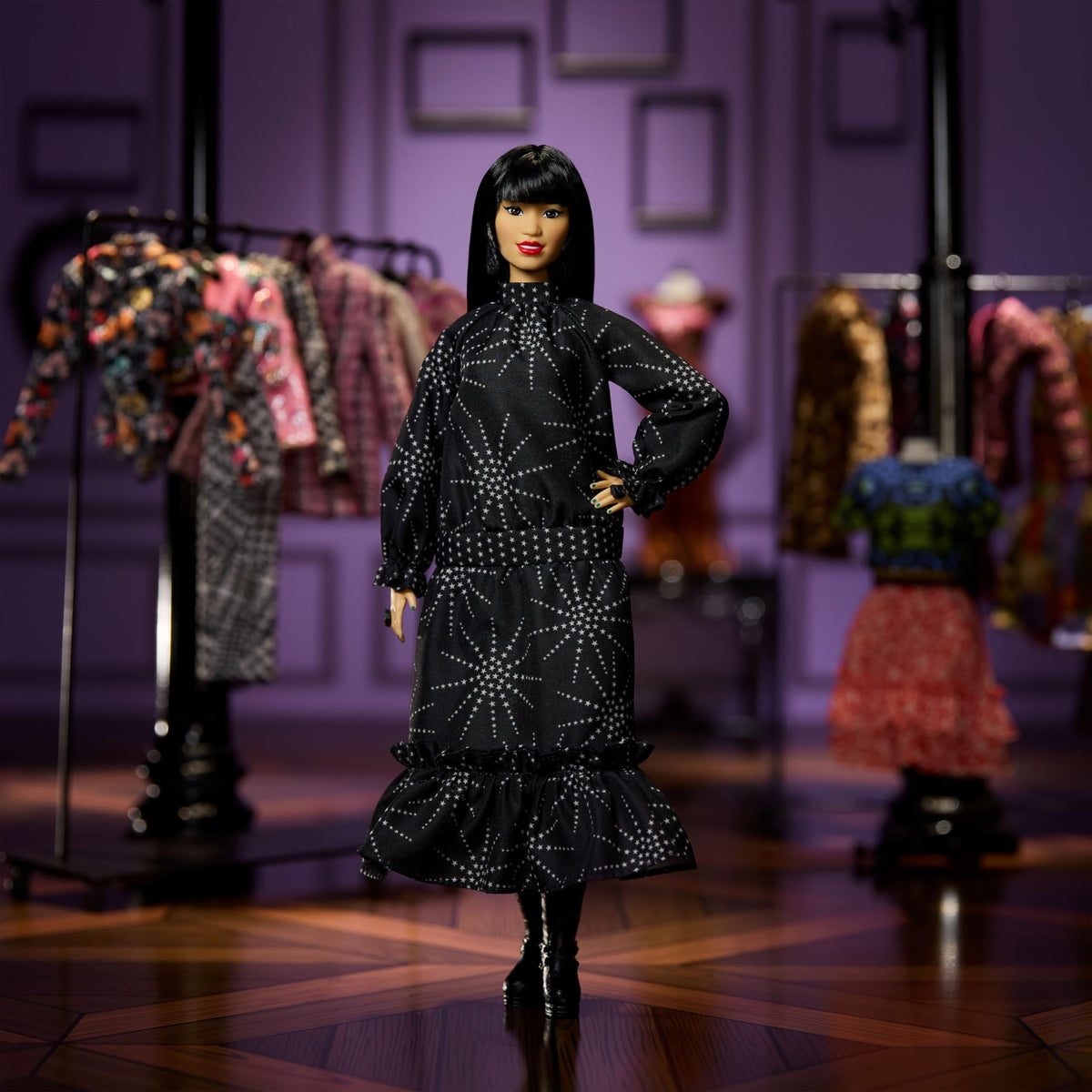 Barbie Anna Sui boots add rocker edge to collectible outfit.