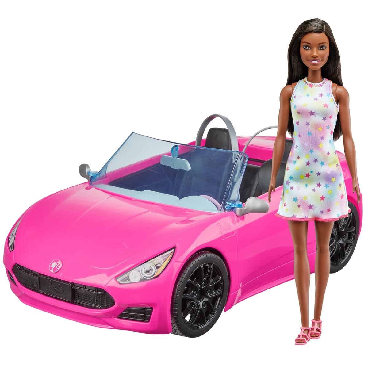Barbie Ave Brunette doll beside the convertible inviting imaginative play.