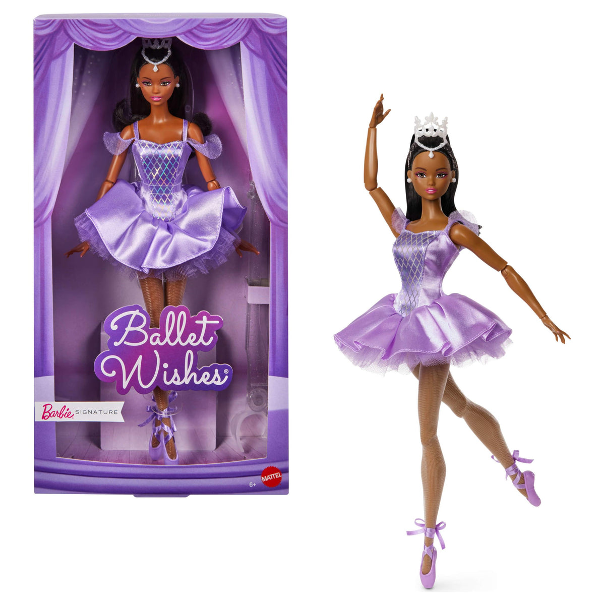 Barbie Ballet Wishes doll in purple tutu for display and play.