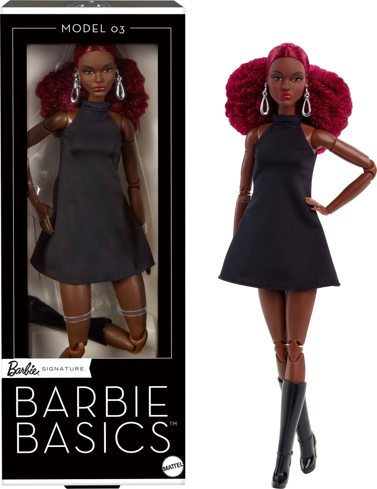 Barbie Basics Model 03 doll with red curls wearing the Little Black Dress, ready for stylish posing.