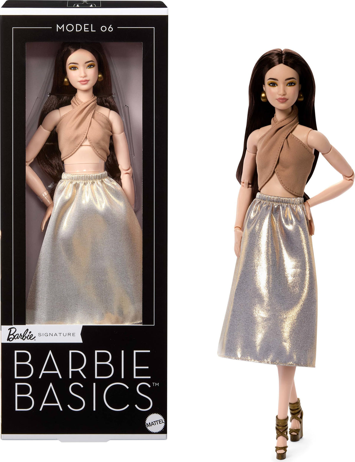 Barbie Basics Model 06 with brunette hair and a shimmery skirt for chic display and styling.