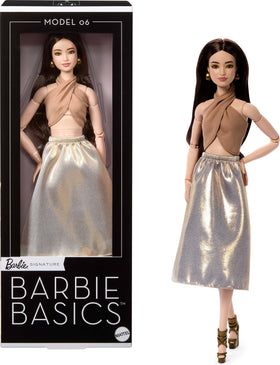 Barbie Basics Model 06 with brunette hair and a shimmery skirt for chic display and styling.