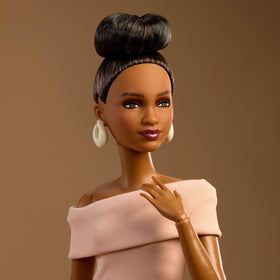 Barbie Basics Model 08 brunette updo highlighting earrings for a polished appearance