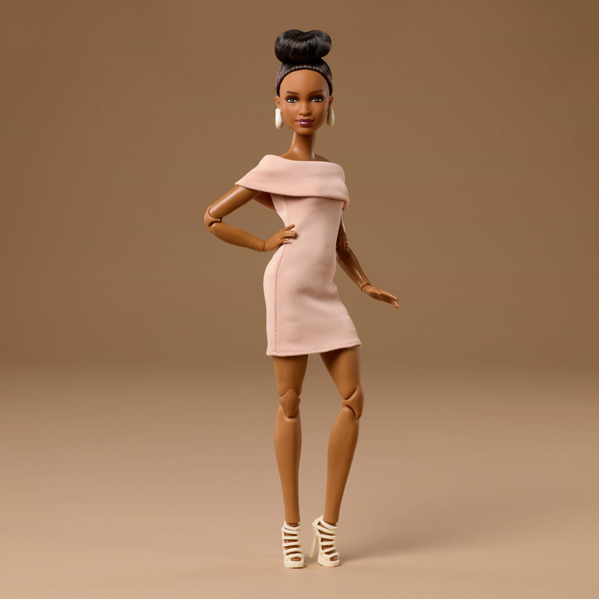 Barbie Basics Model 08 wearing strappy cream heels for elevated look