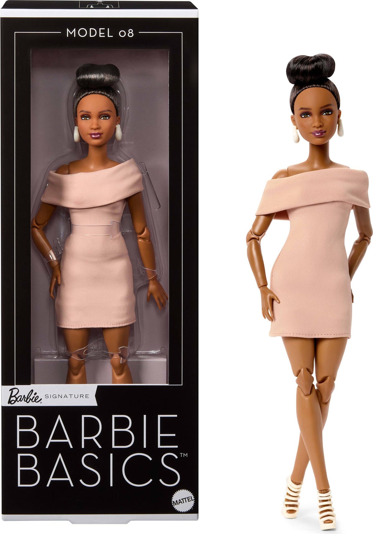 Barbie Basics Model 08 in tan dress with dramatic neckline for chic display and styling