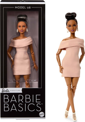 Barbie Basics Model 08 in tan dress with dramatic neckline for chic display and styling