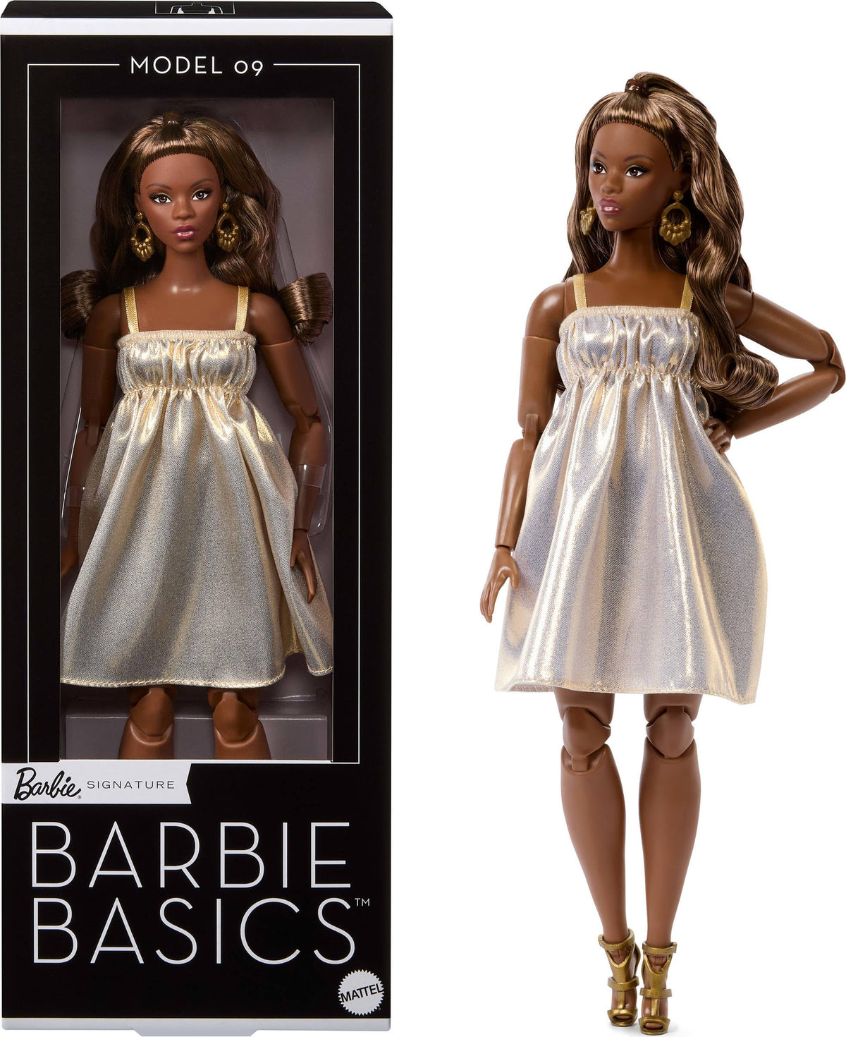 Barbie Basics Model 09 with brunette hair in a golden dress and strappy heels for display and photography