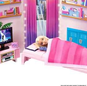 Barbie dorm room city-view backdrop enhances imaginative stories.