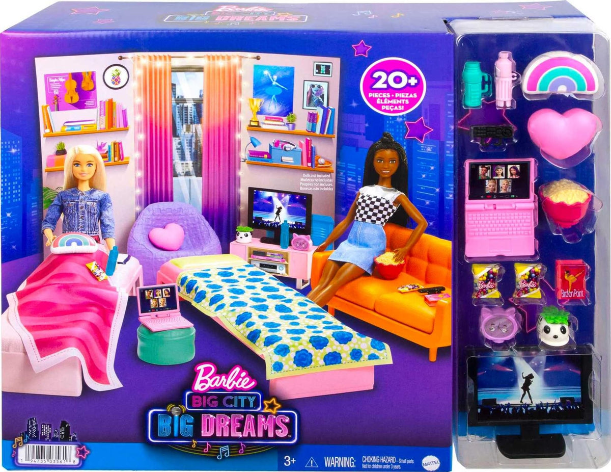 Barbie dolls and accessories like laptop and snacks fuel adventures.