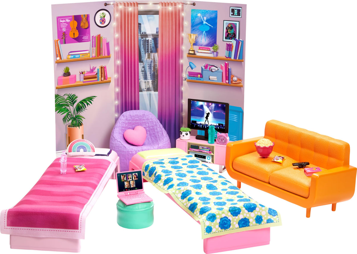 Barbie dorm room two beds setup for friendship storytelling.